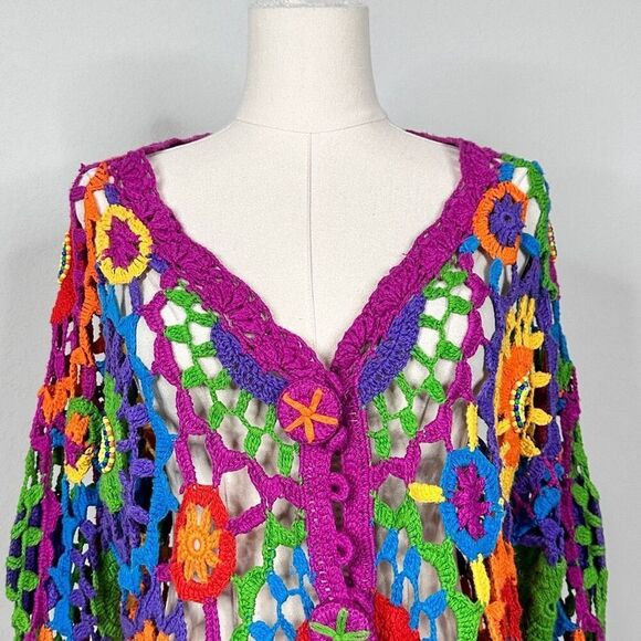 Vintage ‘80s Rainbow Floral Crochet Radial Rainbow Cardigan OSFM Boho Festival - Picture 7 of 15
